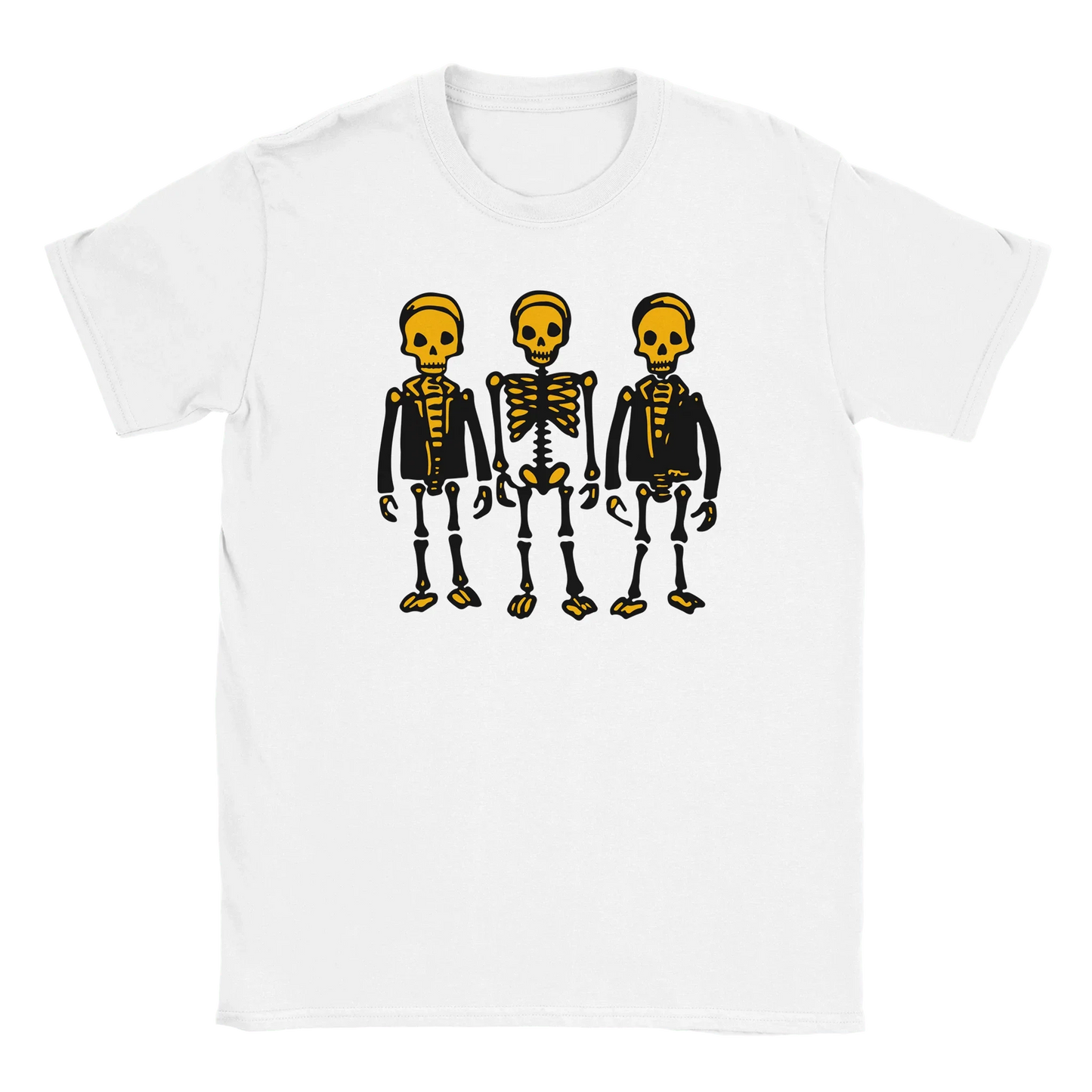 Valkoinen lyhythihainen T-paita Skeletons Band -designilla, tyylikäs unisex-malli