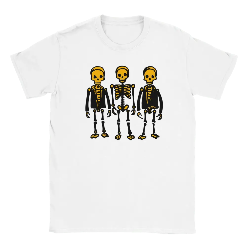 Valkoinen lyhythihainen T-paita Skeletons Band -designilla, tyylikäs unisex-malli