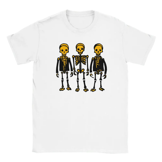 Valkoinen lyhythihainen T-paita Skeletons Band -designilla, tyylikäs unisex-malli