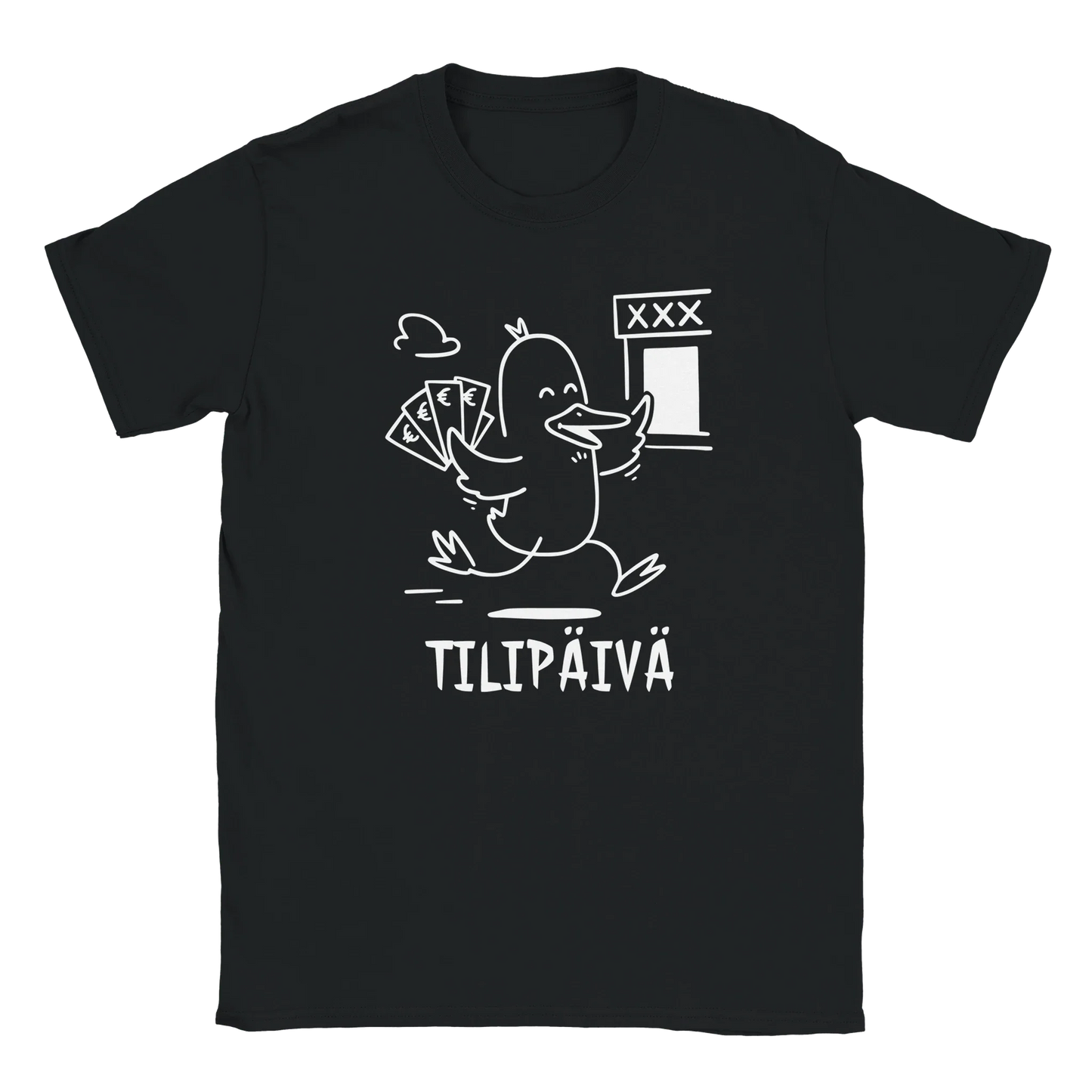 Mustavalkoinen Tilipäivän Sankari T-paita cartoon ankka ja rahaa kuva