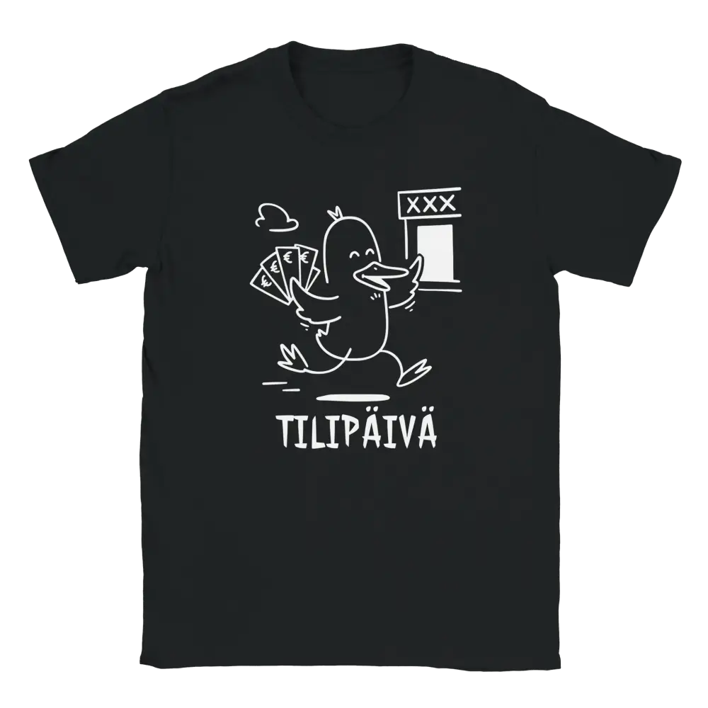 Mustavalkoinen Tilipäivän Sankari T-paita cartoon ankka ja rahaa kuva