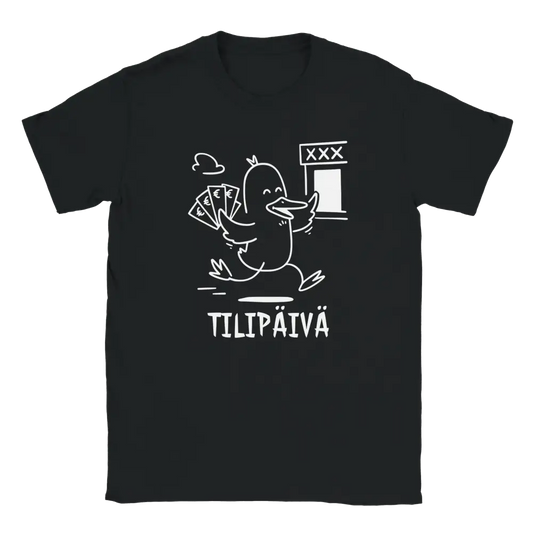 Mustavalkoinen Tilipäivän Sankari T-paita cartoon ankka ja rahaa kuva