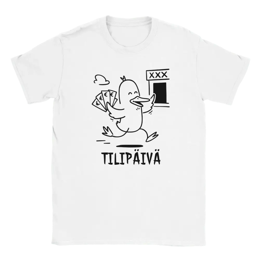 Tilipäivän Sankari T-paita, valkoinen t-paita, duck ja eurot, XXX-kerrostalo, TILIPÄIVÄ