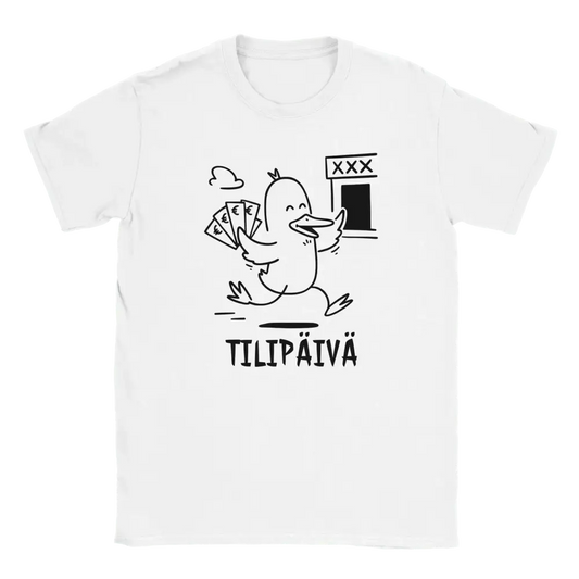 Tilipäivän Sankari T-paita, valkoinen t-paita, duck ja eurot, XXX-kerrostalo, TILIPÄIVÄ