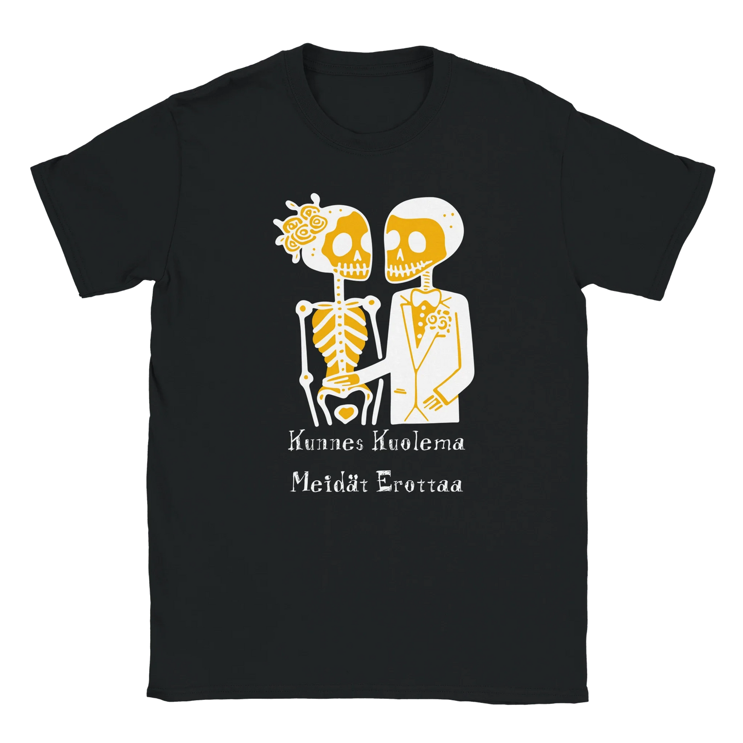 Musta T-paita Skeleton Couple -designilla Till Death Do Us Part -tuotenimellä