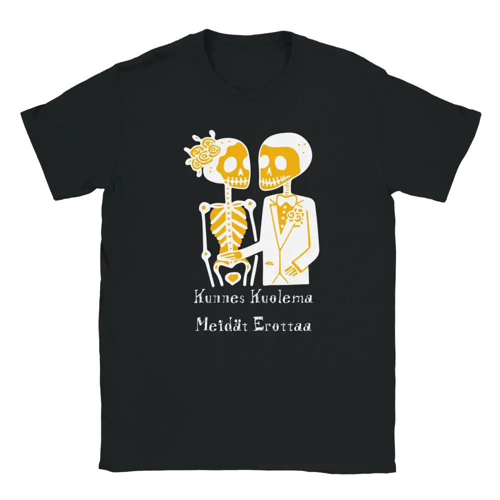 Musta T-paita Skeleton Couple -designilla Till Death Do Us Part -tuotenimellä