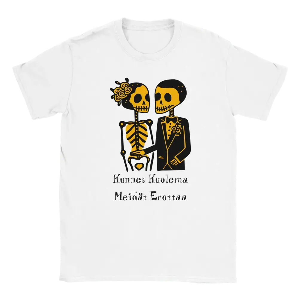Valkoinen T-paita skeletti-parin designilla Till Death Do Us Part - T-paita