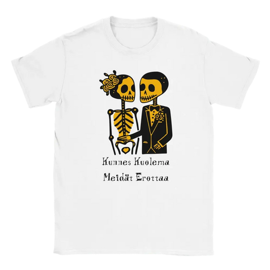 Valkoinen T-paita skeletti-parin designilla Till Death Do Us Part - T-paita