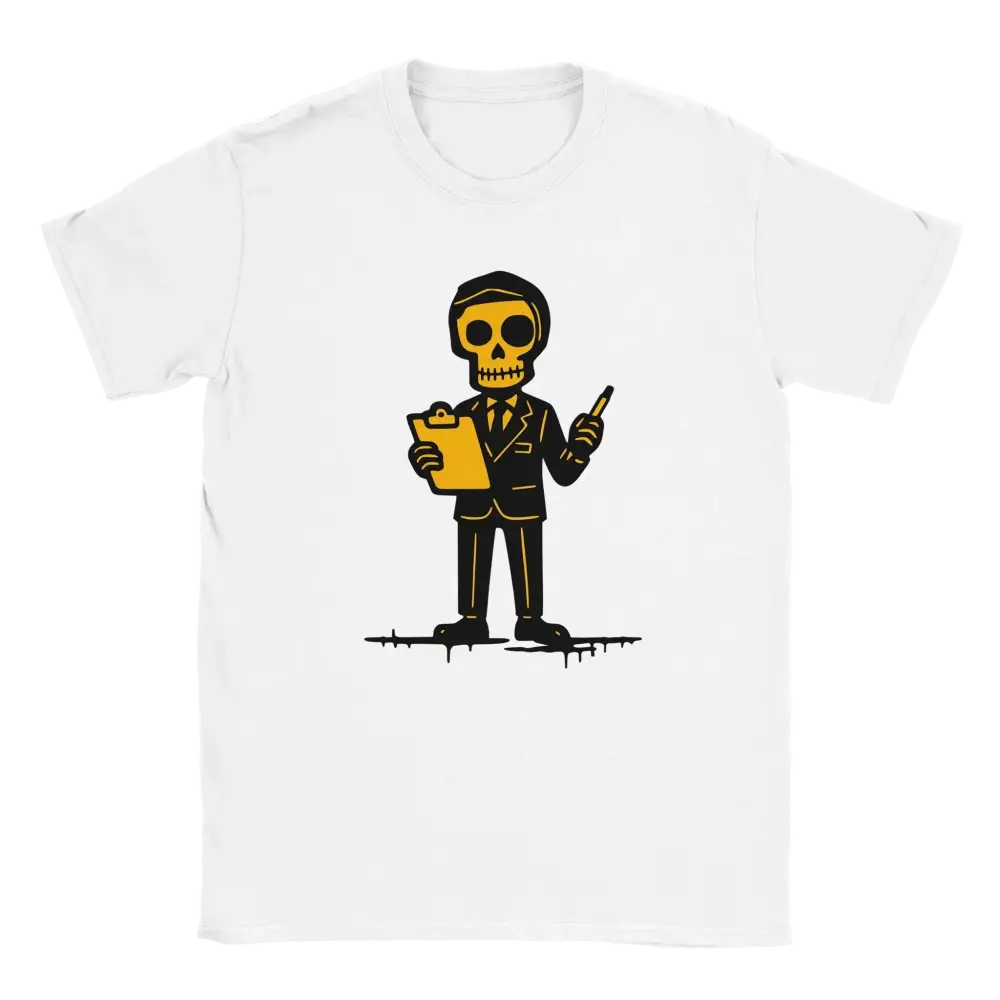 Valkoinen lyhythihainen crewneck T-paita Toimistotyöntekijä Skeleton in suit with clipboard