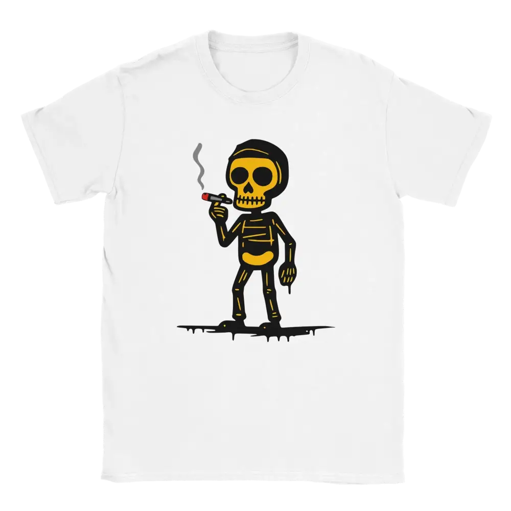 Valkoinen T-paita Cartoon-skeletonilla ja sikarilla Tupakoija T-paita tuotemerkki