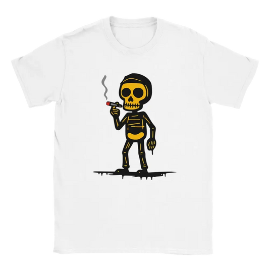 Valkoinen T-paita Cartoon-skeletonilla ja sikarilla Tupakoija T-paita tuotemerkki