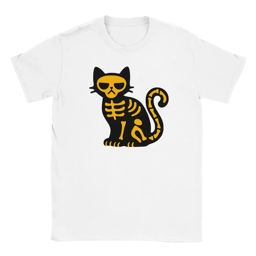 Valkoinen T-shirt mustalla ja keltaisella luurankokissakuvalla Tympeä Kissa - T-paita