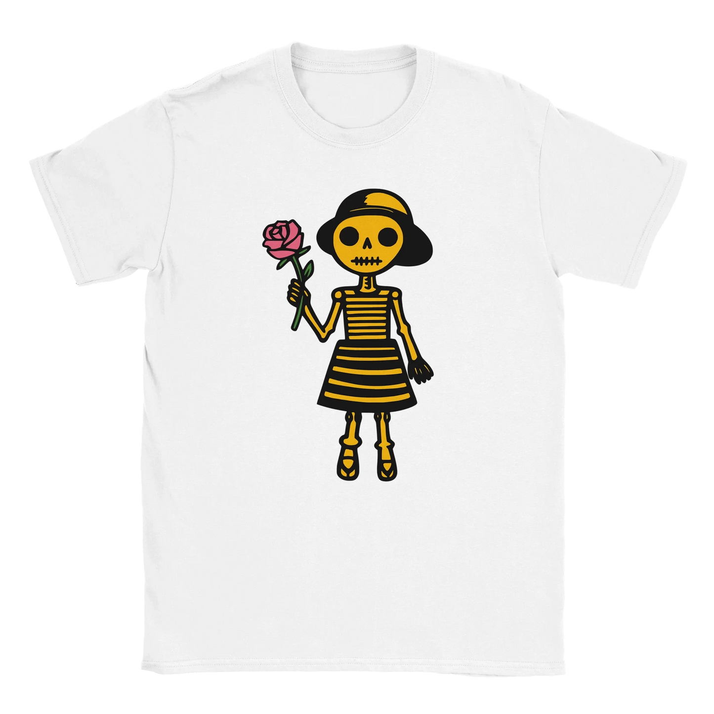 Valkoinen naisten T-paita Skeleton Girl ja Ruusu designilla