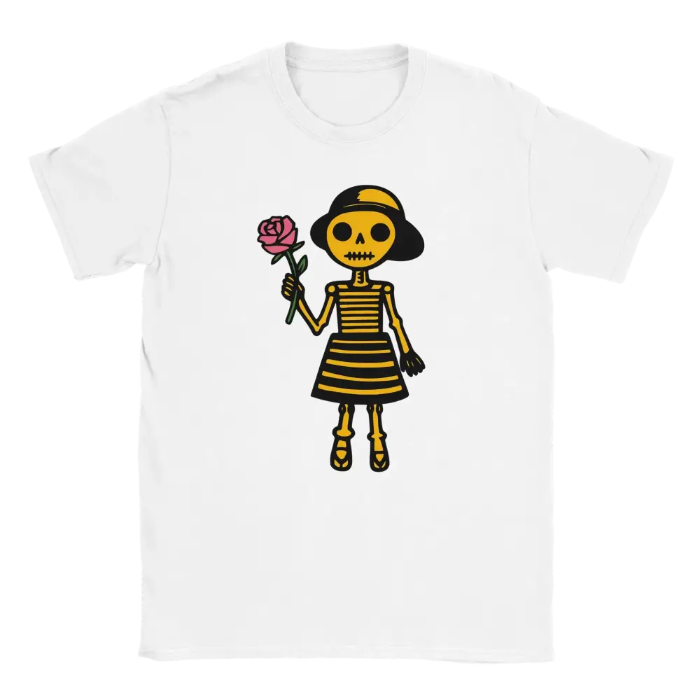 Valkoinen naisten T-paita Skeleton Girl ja Ruusu designilla
