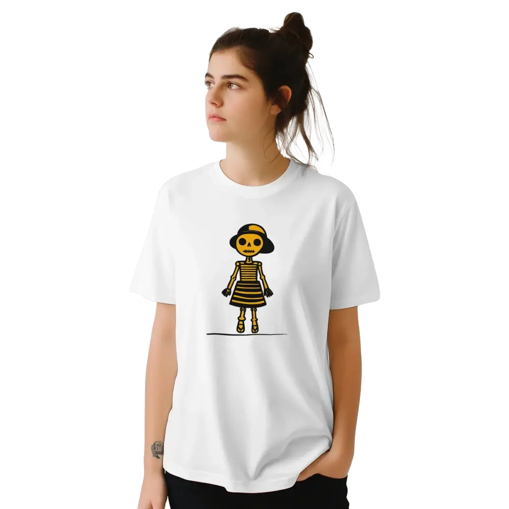 Valkoinen naisten T-paita crew-neck cartoon skeleton -designilla Tyttö-tuotemerkissä