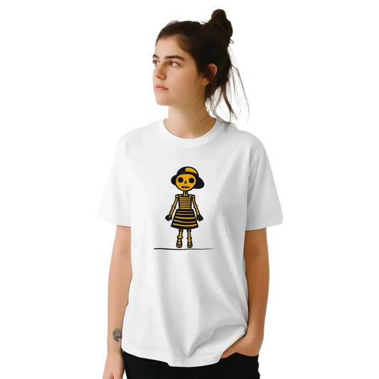 Valkoinen naisten T-paita crew-neck cartoon skeleton -designilla Tyttö-tuotemerkissä