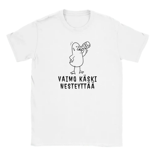 Vaimo Käski Nesteyttää paita, valkoinen lyhythihainen t-paita, cartoon-ankka juo pullosta
