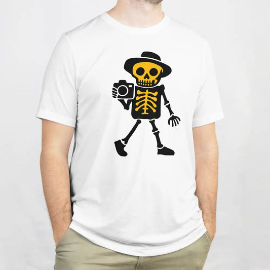 Valokuvaaja T-paita valkoinen crew-neck t-paita cartoon skeleton kameralla
