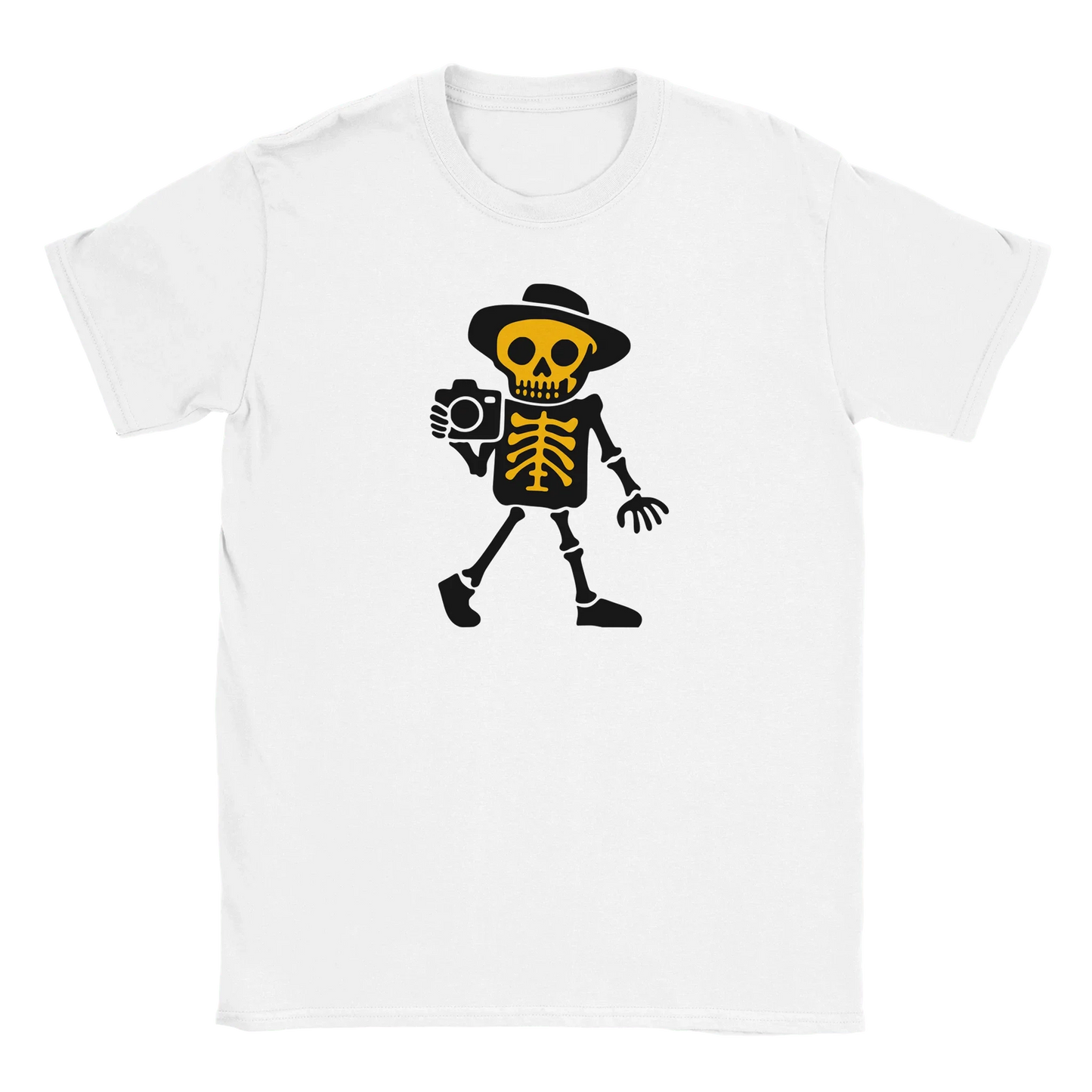 Valokuvaaja T-paita valkoinen crewneck T-paita luurankon kameralla grafiikalla