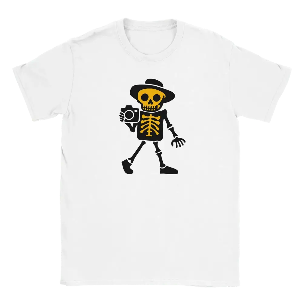 Valokuvaaja T-paita valkoinen crewneck T-paita luurankon kameralla grafiikalla