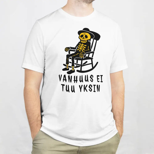 Vanhus Ei Tuu Yksin T-paita valkoinen luuranko rocking chair -design