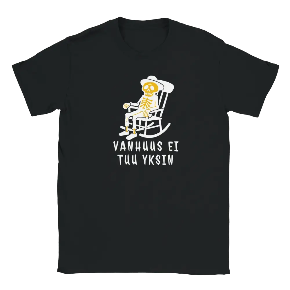 Musta T-paita Vanhuus Ei Tuu Yksin - T-paita, luurankokuva nojatuolissa design