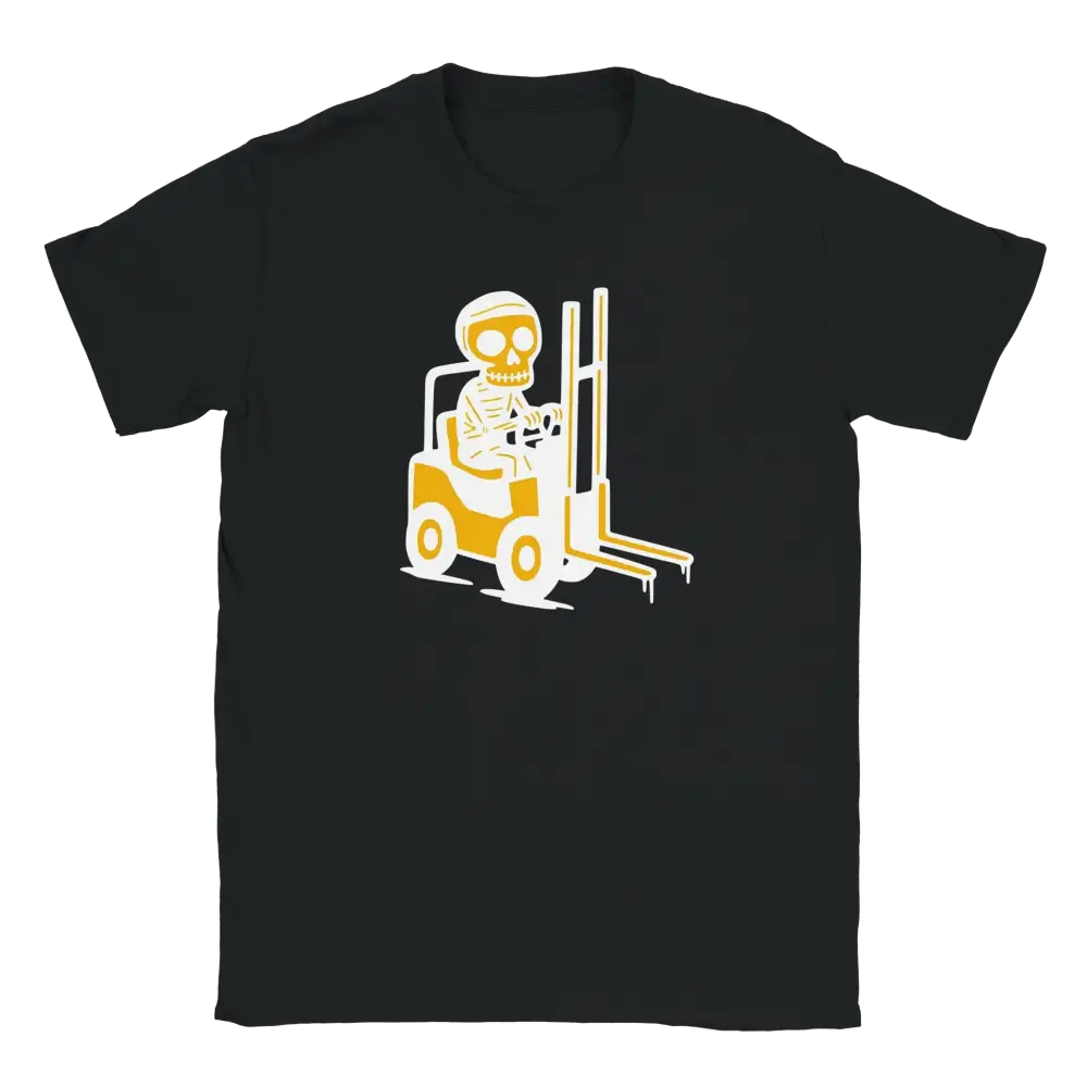 Mustavalkoinen Varastomies T-paita skeletoni ja trukkigrafiikalla