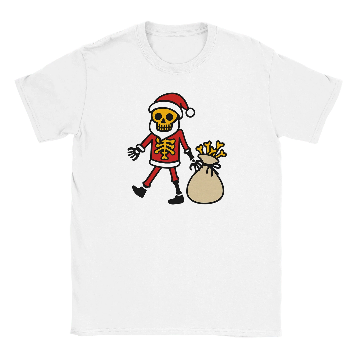 Valkoinen crew-neck T-paita Viimeinen Joulu - T-paita, skeletona Santa-hahmossa kantamassa luukkoa