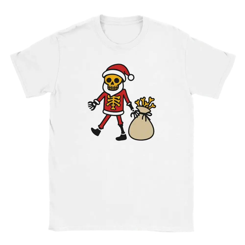 Valkoinen crew-neck T-paita Viimeinen Joulu - T-paita, skeletona Santa-hahmossa kantamassa luukkoa