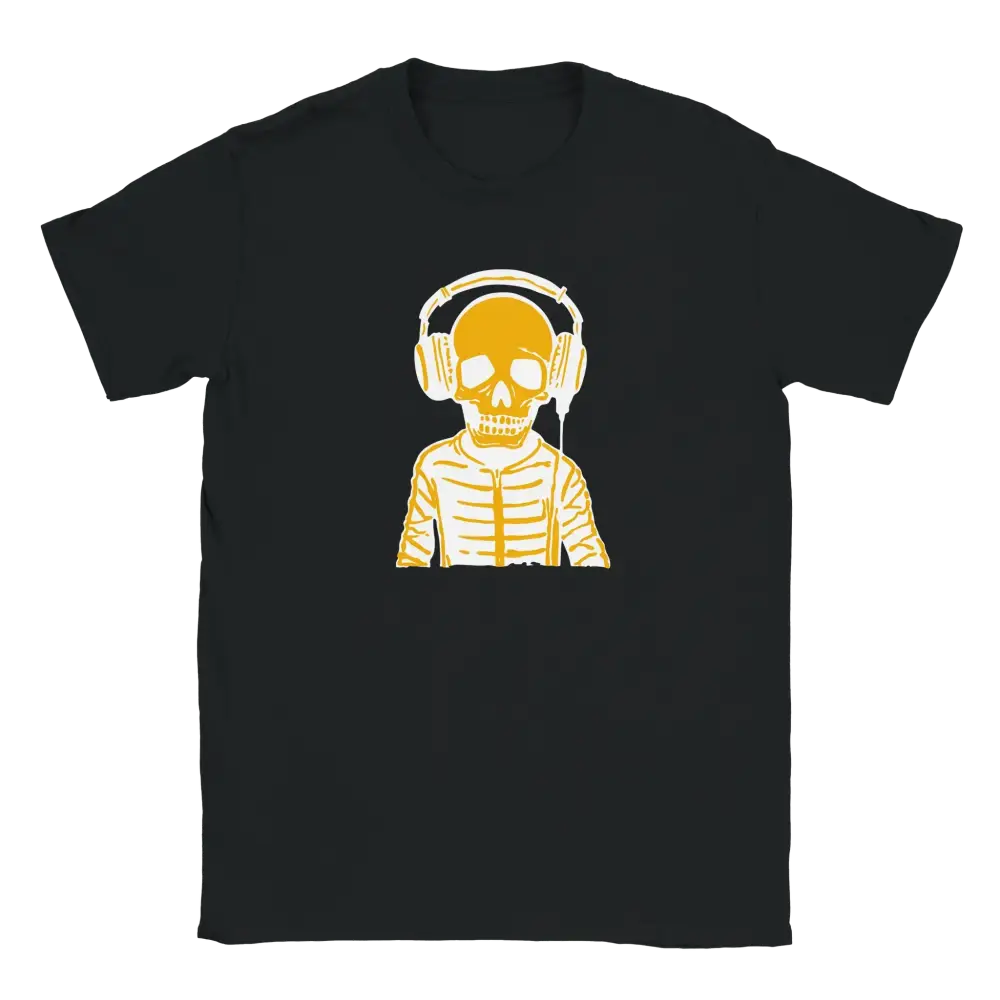 Mustat T-paita jossa keltainen luuranko ja kuulokkeet Viimeinen Kappale T-paita