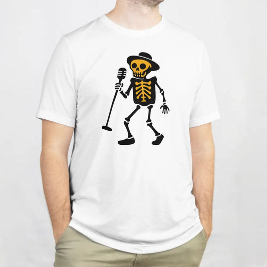 Valkoinen T-paita Viimeinen Laulu - T-paita, jossa karikatyyri-luuranko hatun ja mikrofonin kanssa