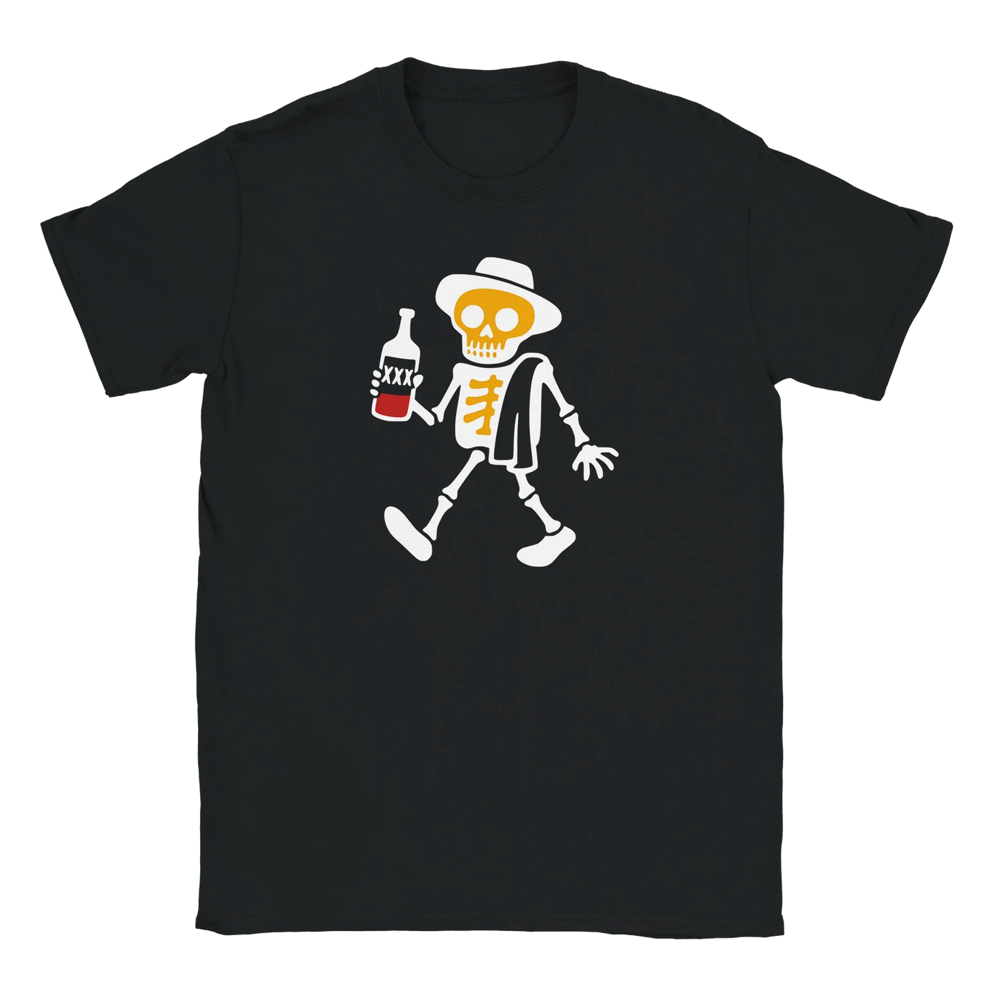Mustat T-paita Skeletoni ja pullo -Viimeinen Löyly T-paita design