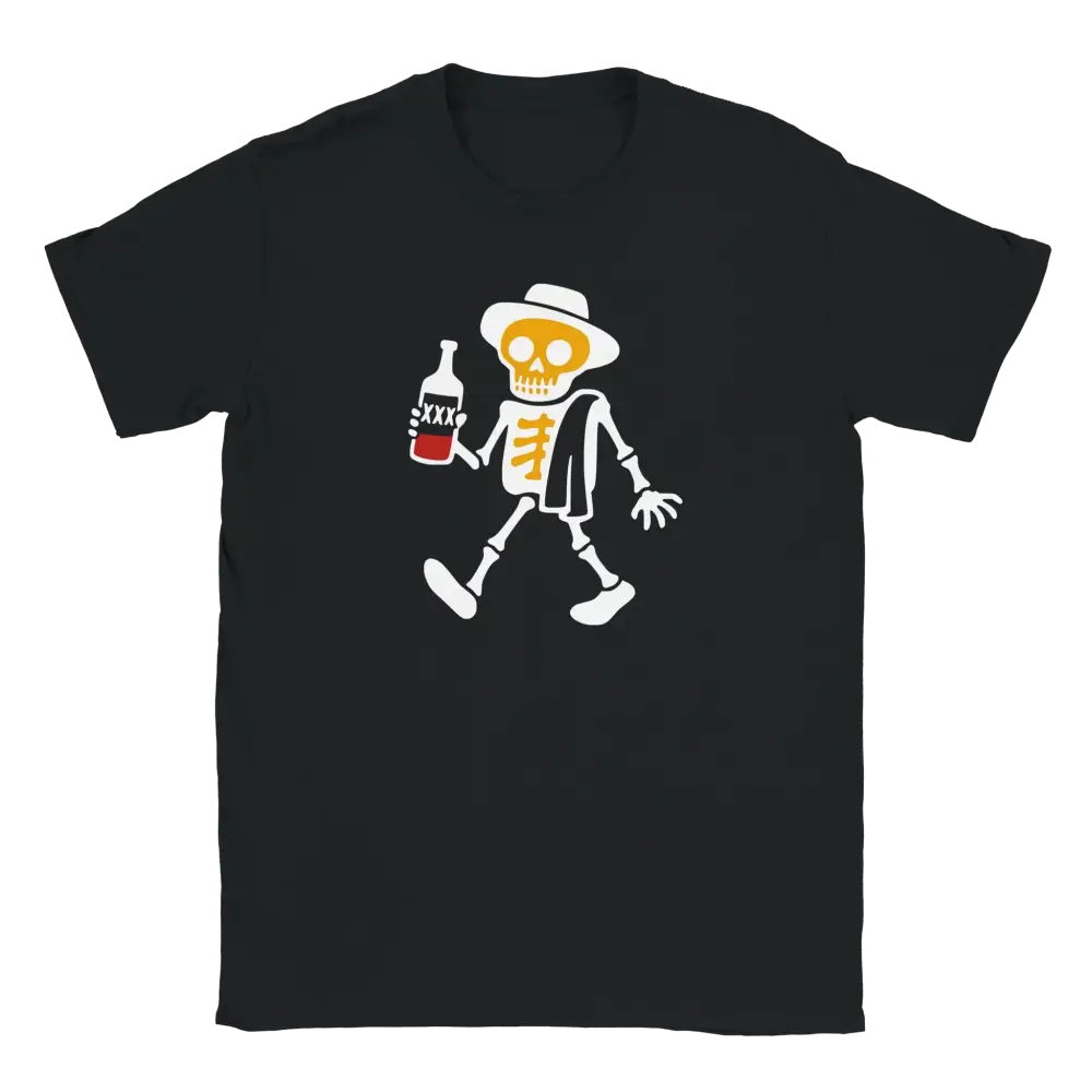 Mustat T-paita Skeletoni ja pullo -Viimeinen Löyly T-paita design