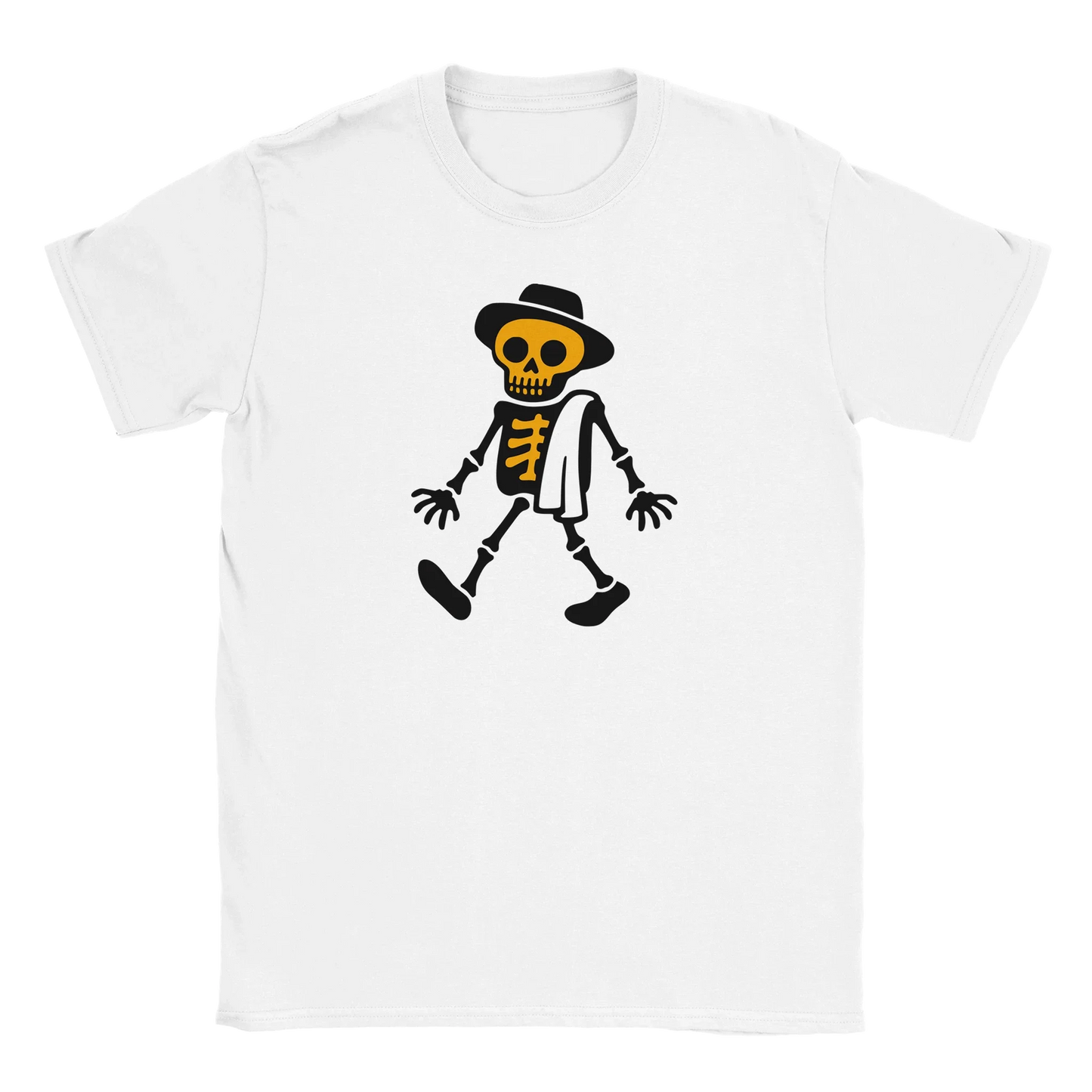 Valkoinen lyhythihainen T-paita Skeleton-hattupäällä ja pyyhkeellä design