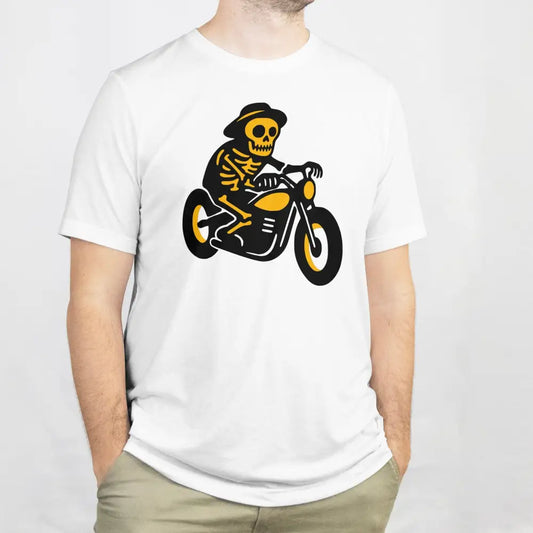 Valkoinen T-paita Skeleton riding motorcycle -designilla Viimeinen Matka - T-paita