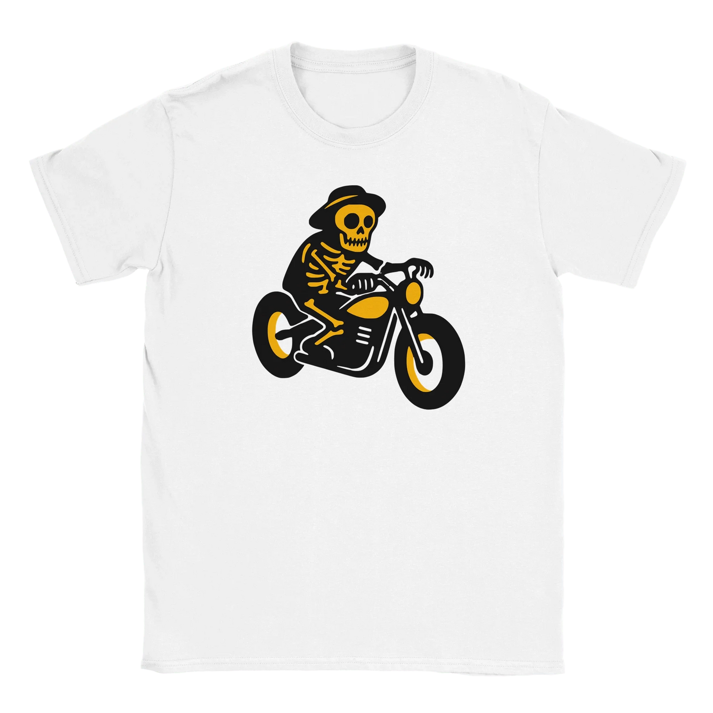 Valkoinen lyhythihainen T-paita Skeleton riding motorcycle grafiikalla Viimeinen Matka