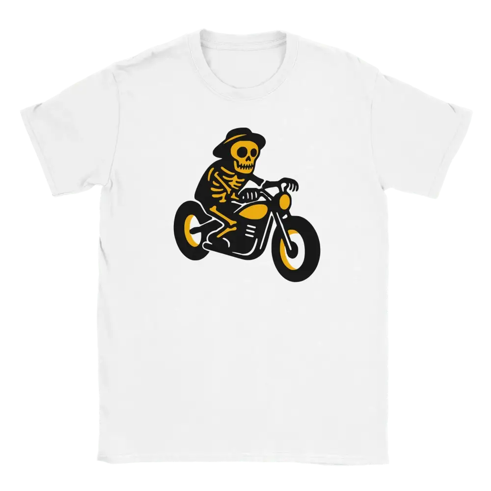 Valkoinen lyhythihainen T-paita Skeleton riding motorcycle grafiikalla Viimeinen Matka