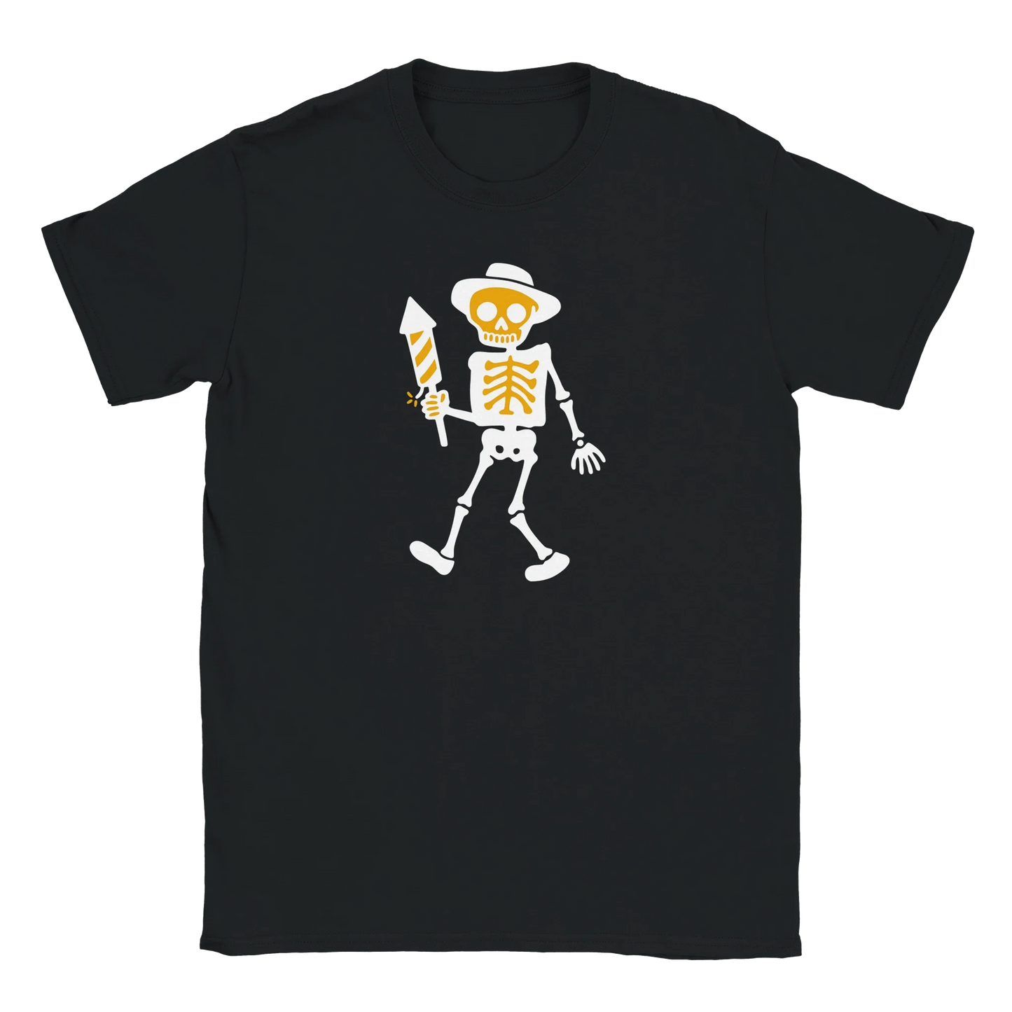 Musta crew neck T-paita Skeletonin ja raketin grafiikalla Viimeinen Raketti nimiellä