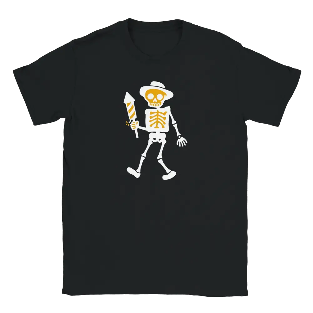 Musta crew neck T-paita Skeletonin ja raketin grafiikalla Viimeinen Raketti nimiellä