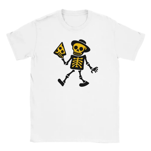 Valkoinen T-paita Viimeinen Siivu sisältää luurankon ja pizzan kuvion