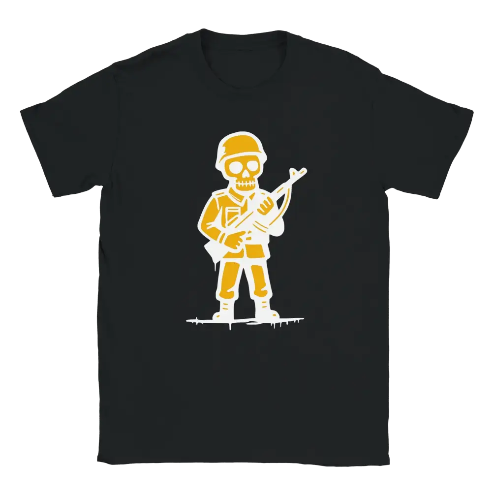 Mustat T-paita keltainen luurankosotilas grafiikalla Viimeinen Sotilas tuotemerkki