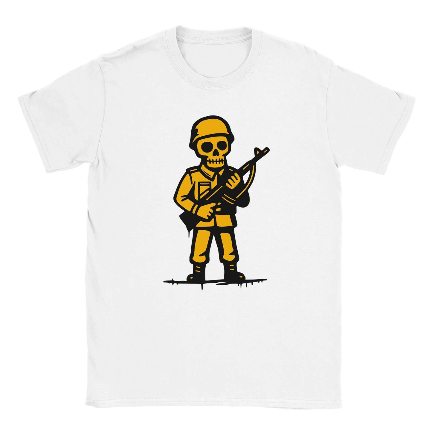 Valkoinen lyhythihainen T-paita Yellow Skeleton Soldier grafiikalla Viimeinen Sotilas