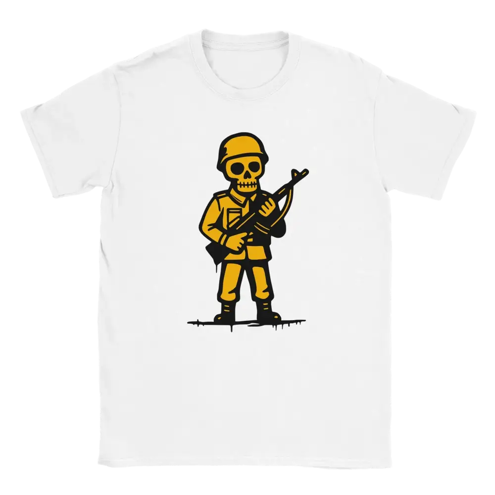 Valkoinen lyhythihainen T-paita Yellow Skeleton Soldier grafiikalla Viimeinen Sotilas