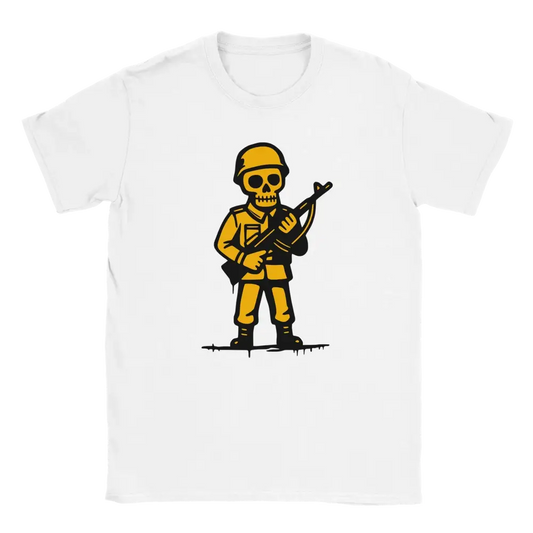 Valkoinen lyhythihainen T-paita Yellow Skeleton Soldier grafiikalla Viimeinen Sotilas