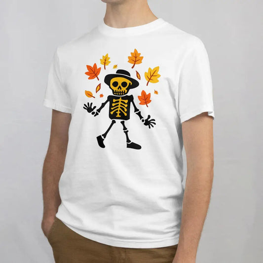 Valkoinen T-paita Skeleton ja syksyn lehtiä grafiikalla Viimeinen Syksy