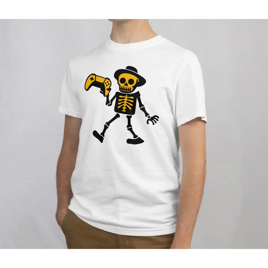 Valkoinen Viimeinen Taso T-paita, musta ja keltainen luuranko hatussa ja peliohjaimessa