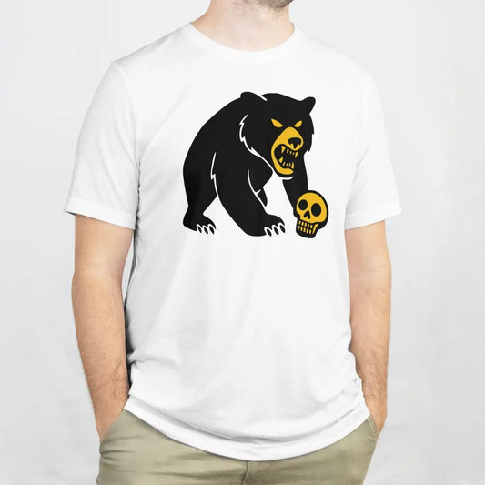 Valkoinen T-paita mustavalkoisella karhu ja keltainen kuollut hylje grafiikalla