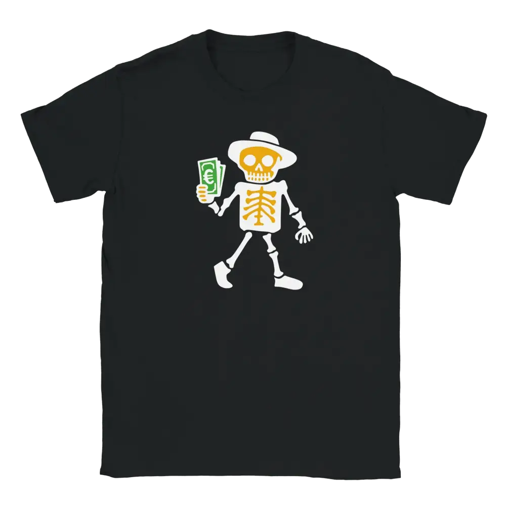 Mustavalkoinen Viimeiset Rahat T-paita skeletonilla hatissa ja rahaa kädessään