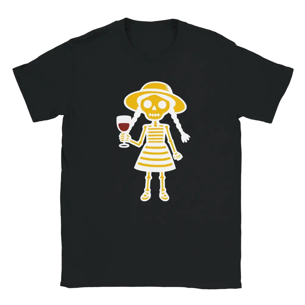 Mustavalkoinen naisten T-paita with keltainen luuranko, hattu, mekko ja lasi punaviiniä