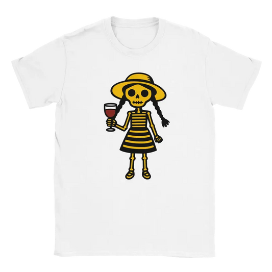 Valkoinen naisten T-paita, jossa sarjakuvahahmo luurangon tyttö ja viinilasi